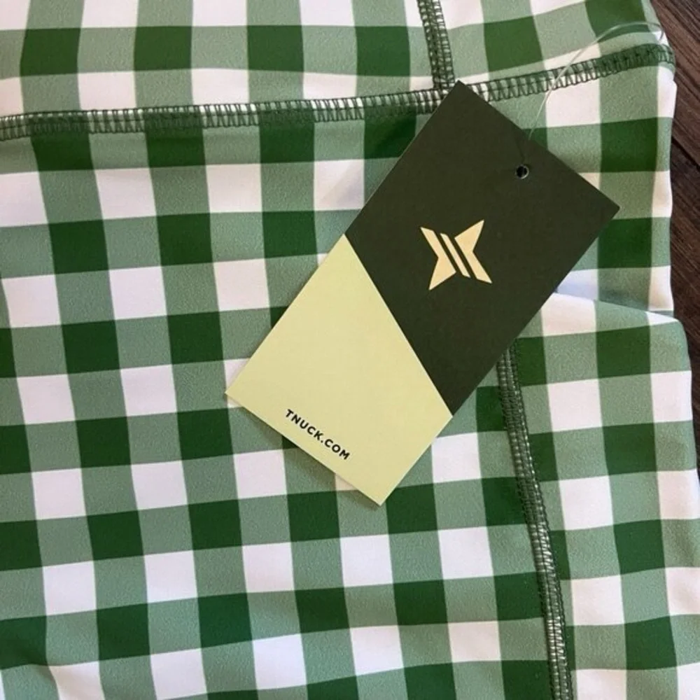 Tuckernuck Trellis Gingham Biker Shorts S NWT Green White 6” High Waist Pockets